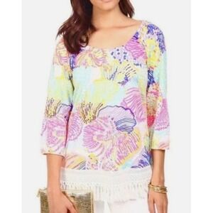 Lilly Pulitzer Alia Storm of the Seas Shell Elastic Scoop Neck Fringed Top Small